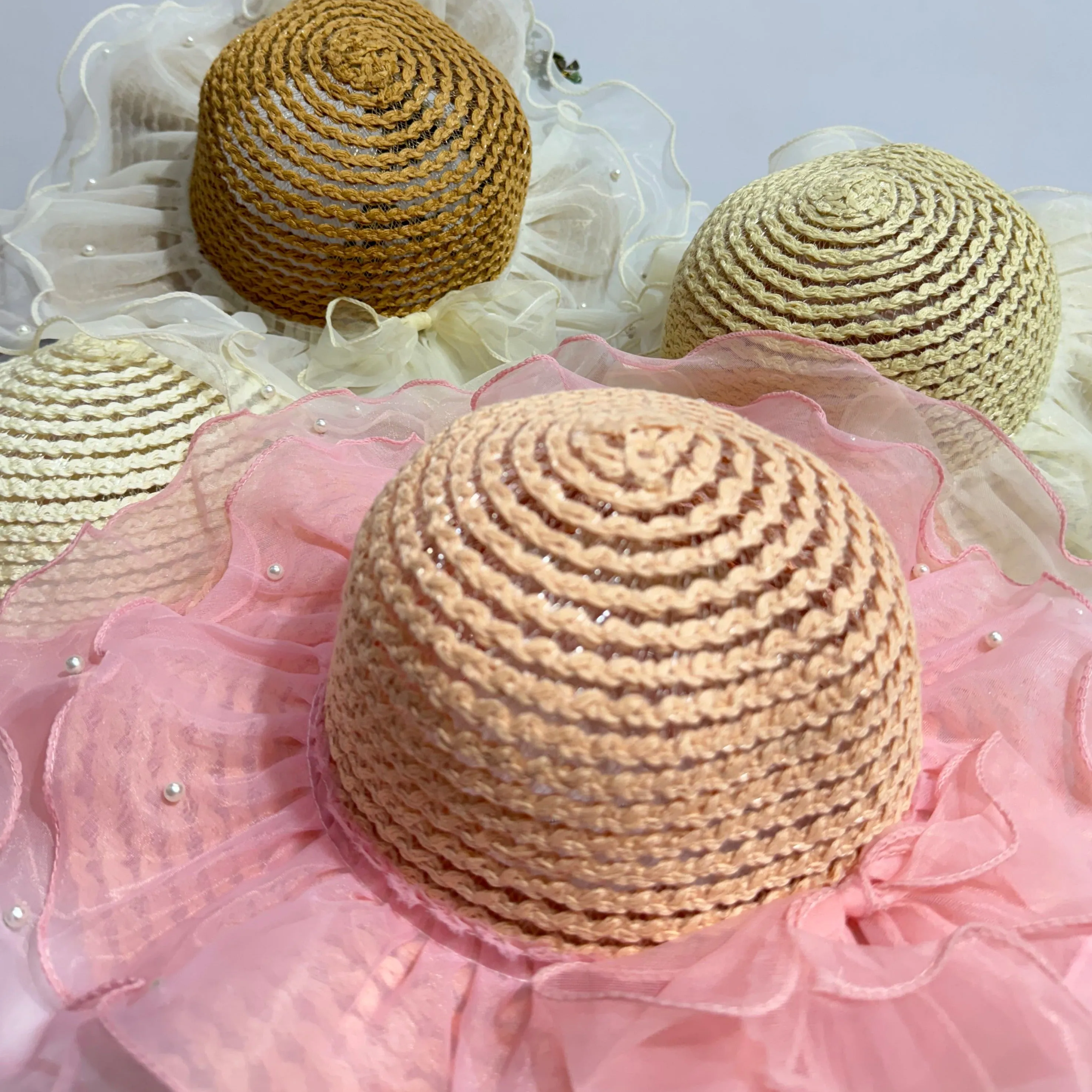 DOUBLE FRILL PEARL EMBEDDED SUMMER HAT