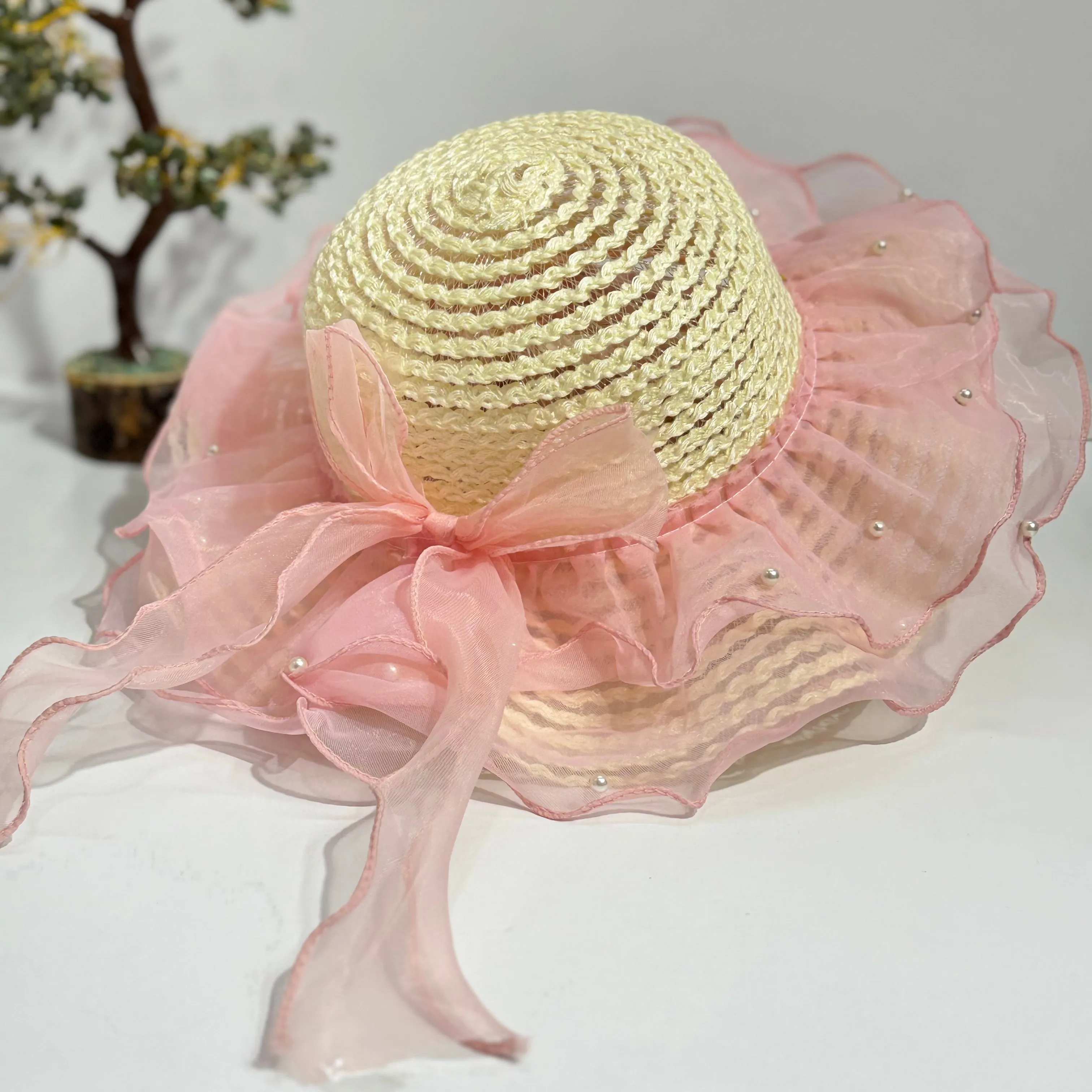DOUBLE FRILL PEARL EMBEDDED SUMMER HAT