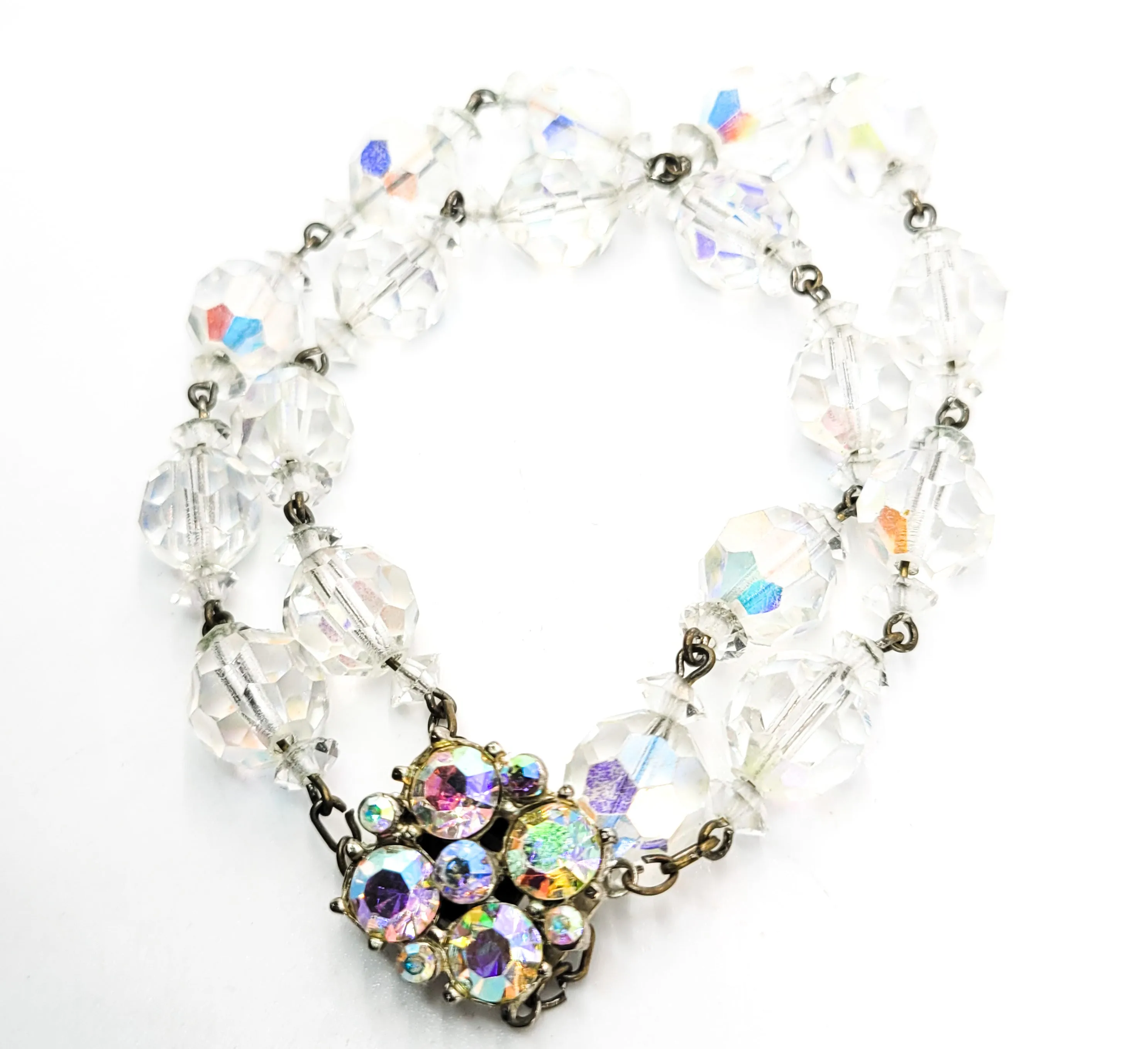 Double row Austrian AB crystal beaded vintage rhinestone mid century bracelet