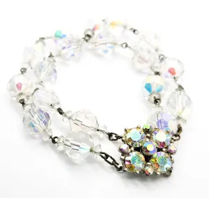 Double row Austrian AB crystal beaded vintage rhinestone mid century bracelet