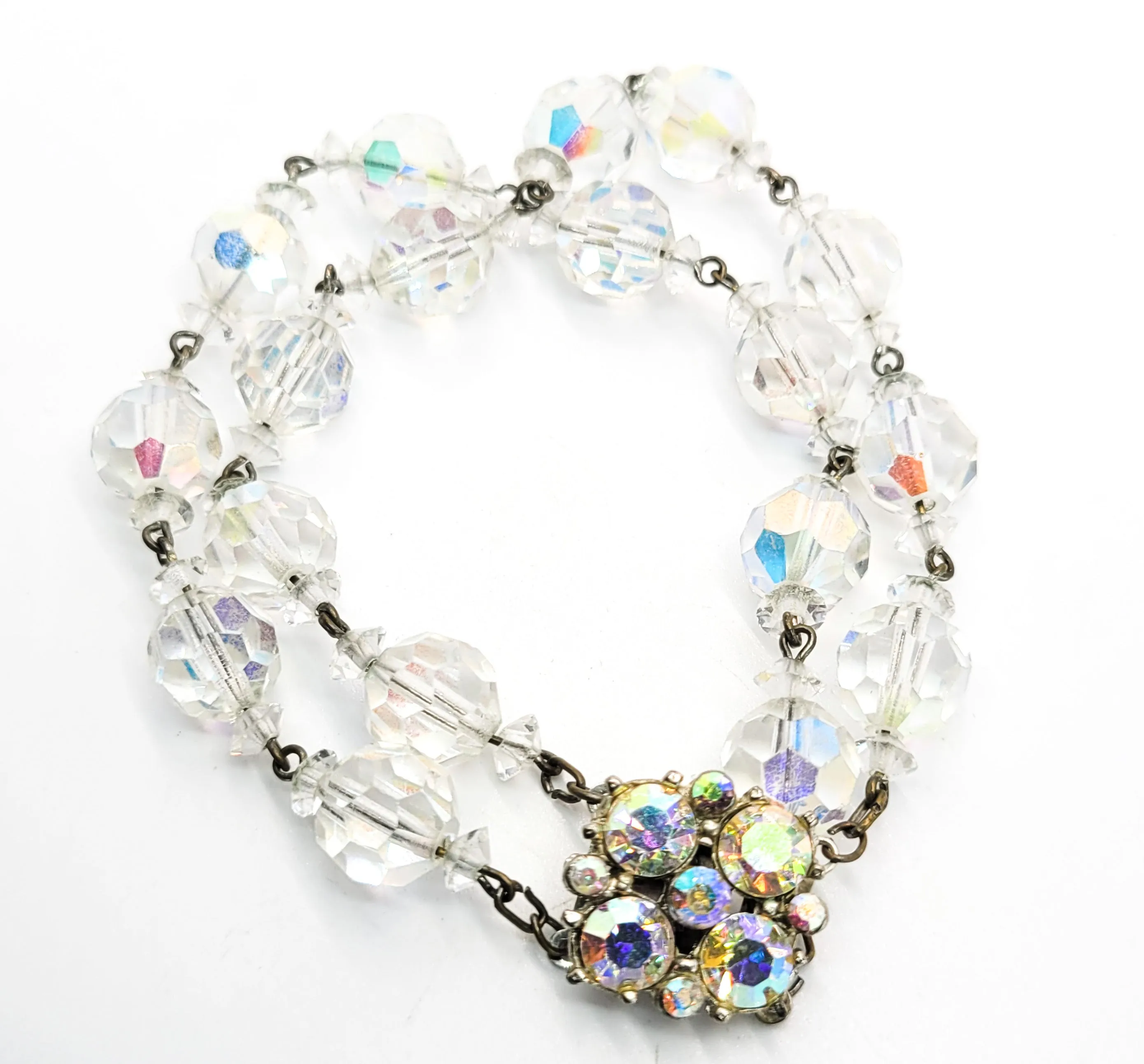 Double row Austrian AB crystal beaded vintage rhinestone mid century bracelet