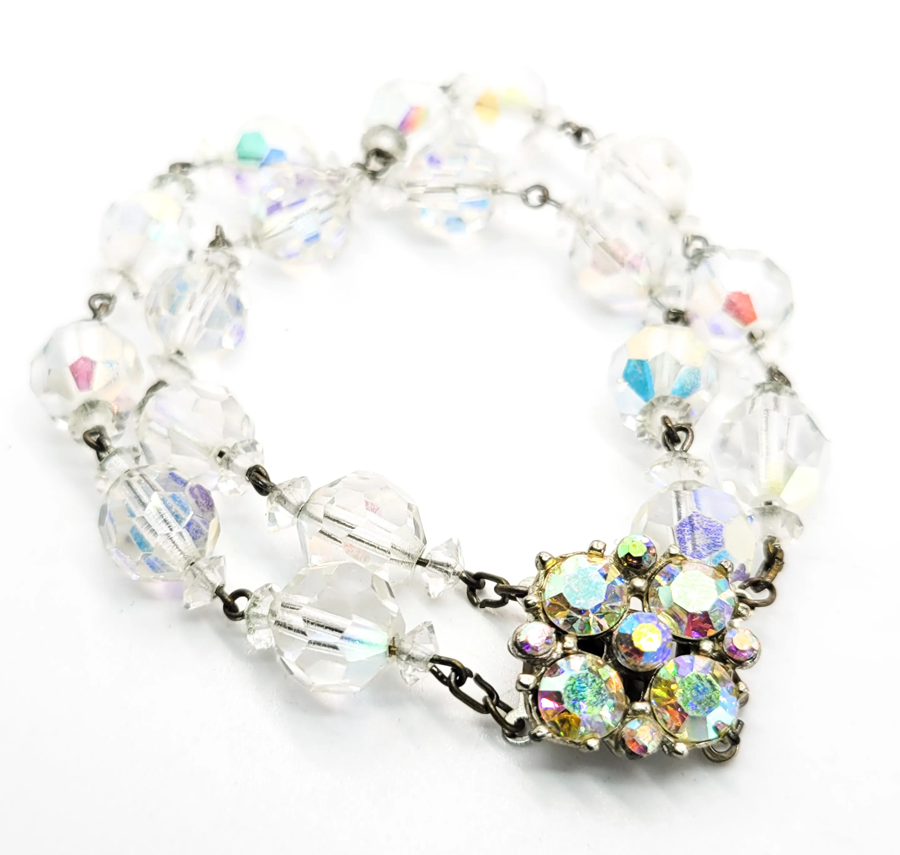 Double row Austrian AB crystal beaded vintage rhinestone mid century bracelet