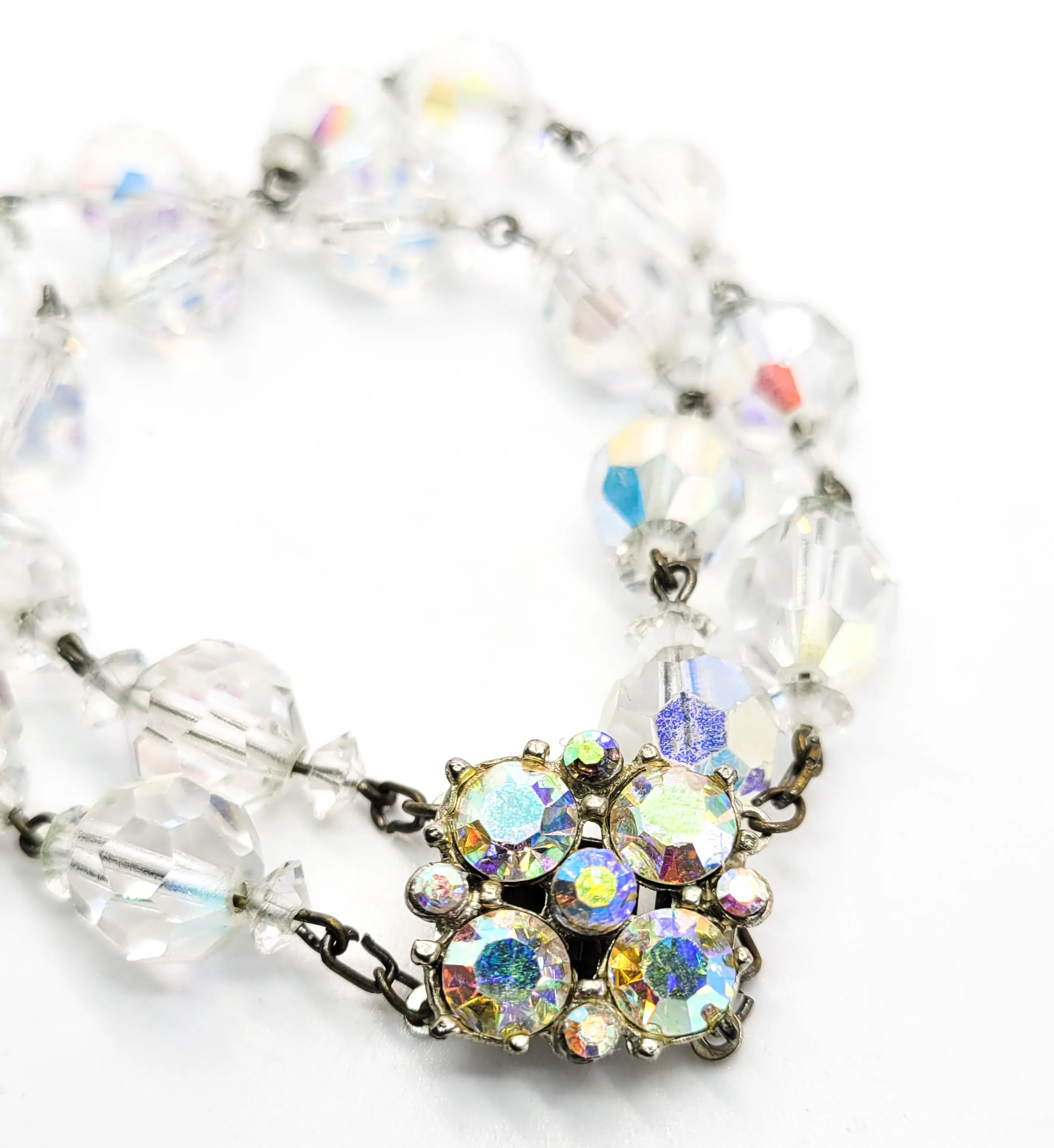 Double row Austrian AB crystal beaded vintage rhinestone mid century bracelet