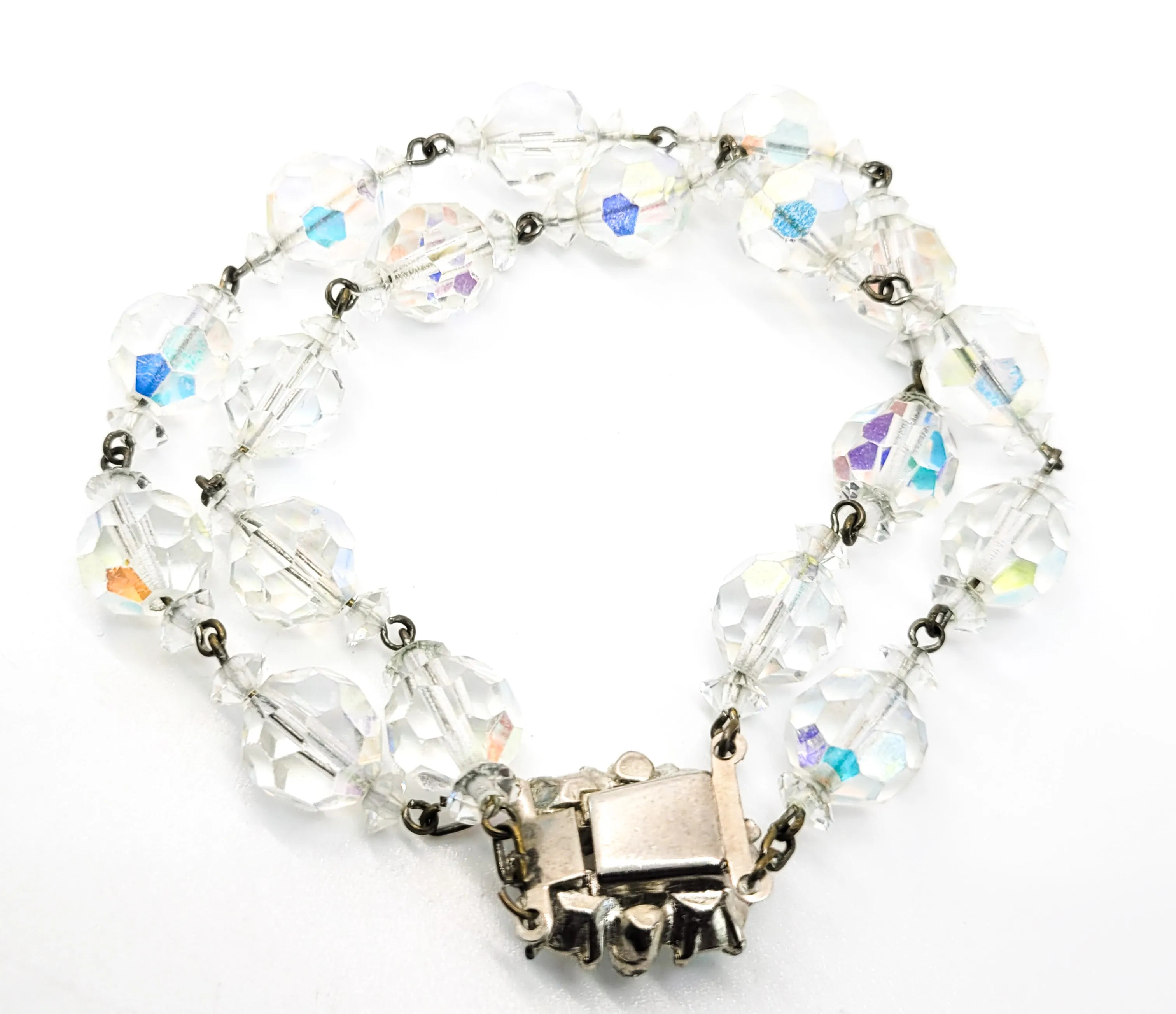 Double row Austrian AB crystal beaded vintage rhinestone mid century bracelet