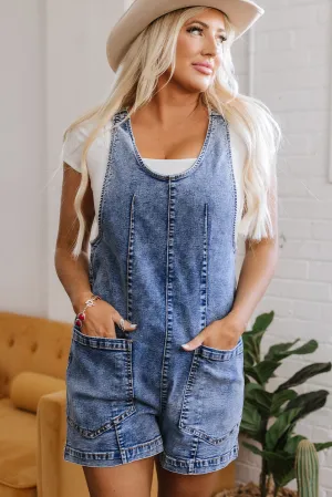 Dusk Blue Sleeveless U Neck Patched Pocket Denim Romper