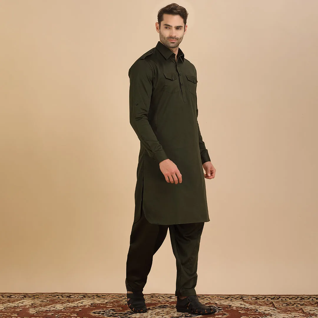 Essence Olive Pathani Kurta for Men