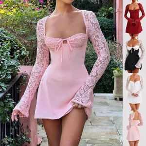 Fashionable Lace Corset, Long Sleeve Dress, Y2K Short Frock