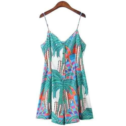 Fashionable Spaghetti Strap Palm Tree Print Sleeveless Romper For Women - Xl