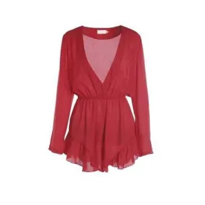 Fashionable V-Neck Solid Color Flounce Long Sleeve Playsuit For Women - Red L