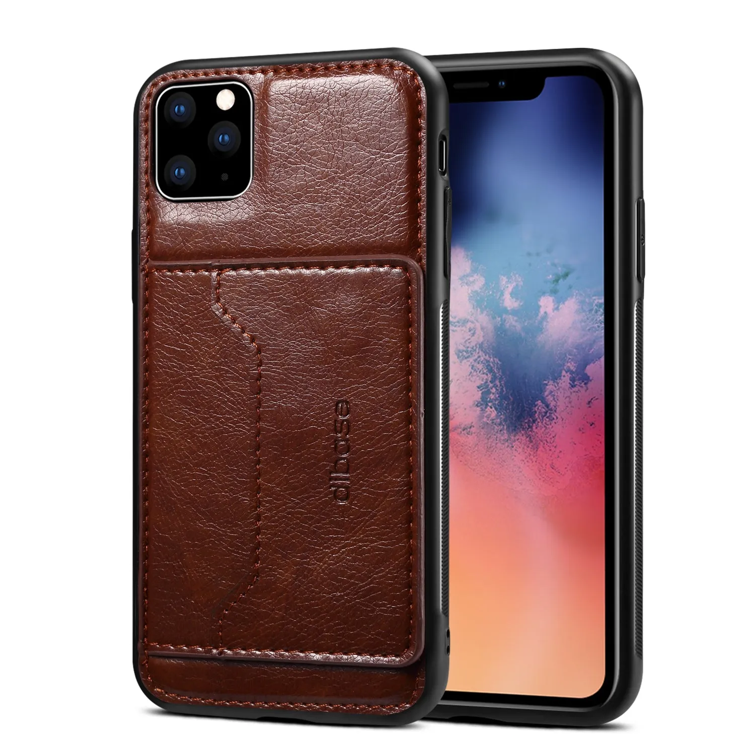 For iPhone 11/11 Pro/11 Pro Max Cellphone Smart Shell 2-in-1 Textured PU Leather Shock-Absorption Anti-Fall Card Holder Stand Function Phone Cover coffee