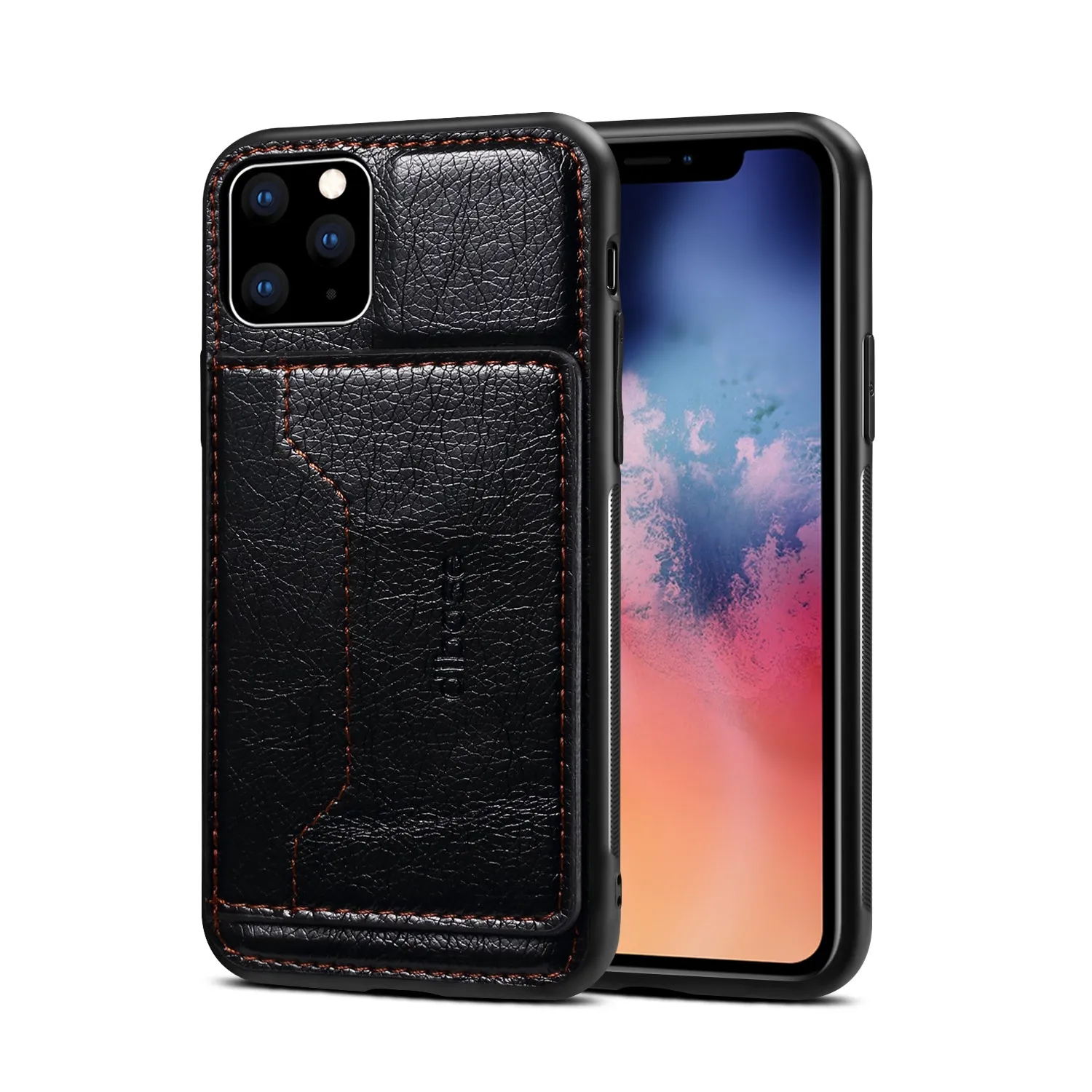 For iPhone 11/11 Pro/11 Pro Max Cellphone Smart Shell 2-in-1 Textured PU Leather Shock-Absorption Anti-Fall Card Holder Stand Function Phone Cover coffee
