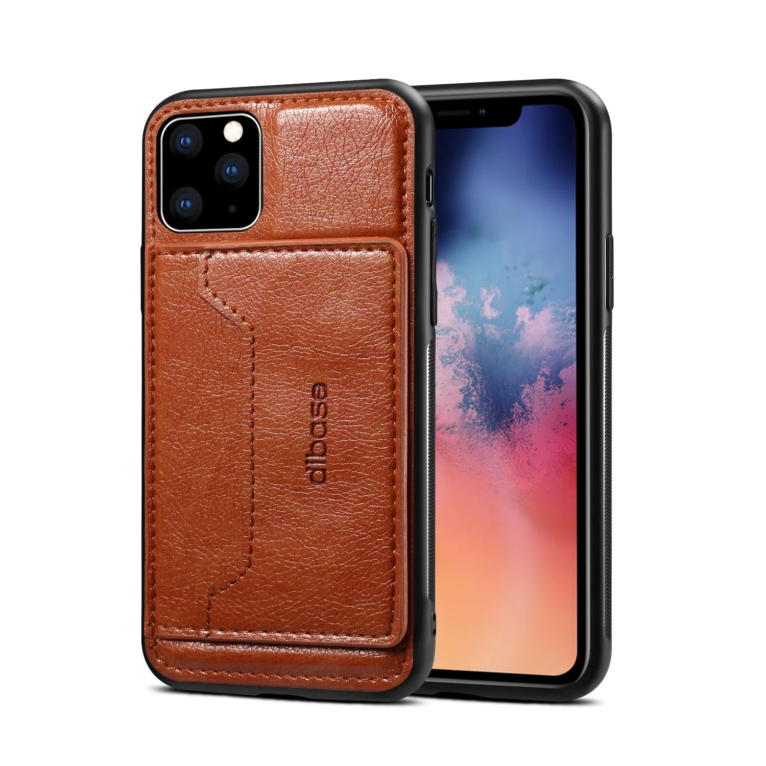 For iPhone 11/11 Pro/11 Pro Max Cellphone Smart Shell 2-in-1 Textured PU Leather Shock-Absorption Anti-Fall Card Holder Stand Function Phone Cover coffee
