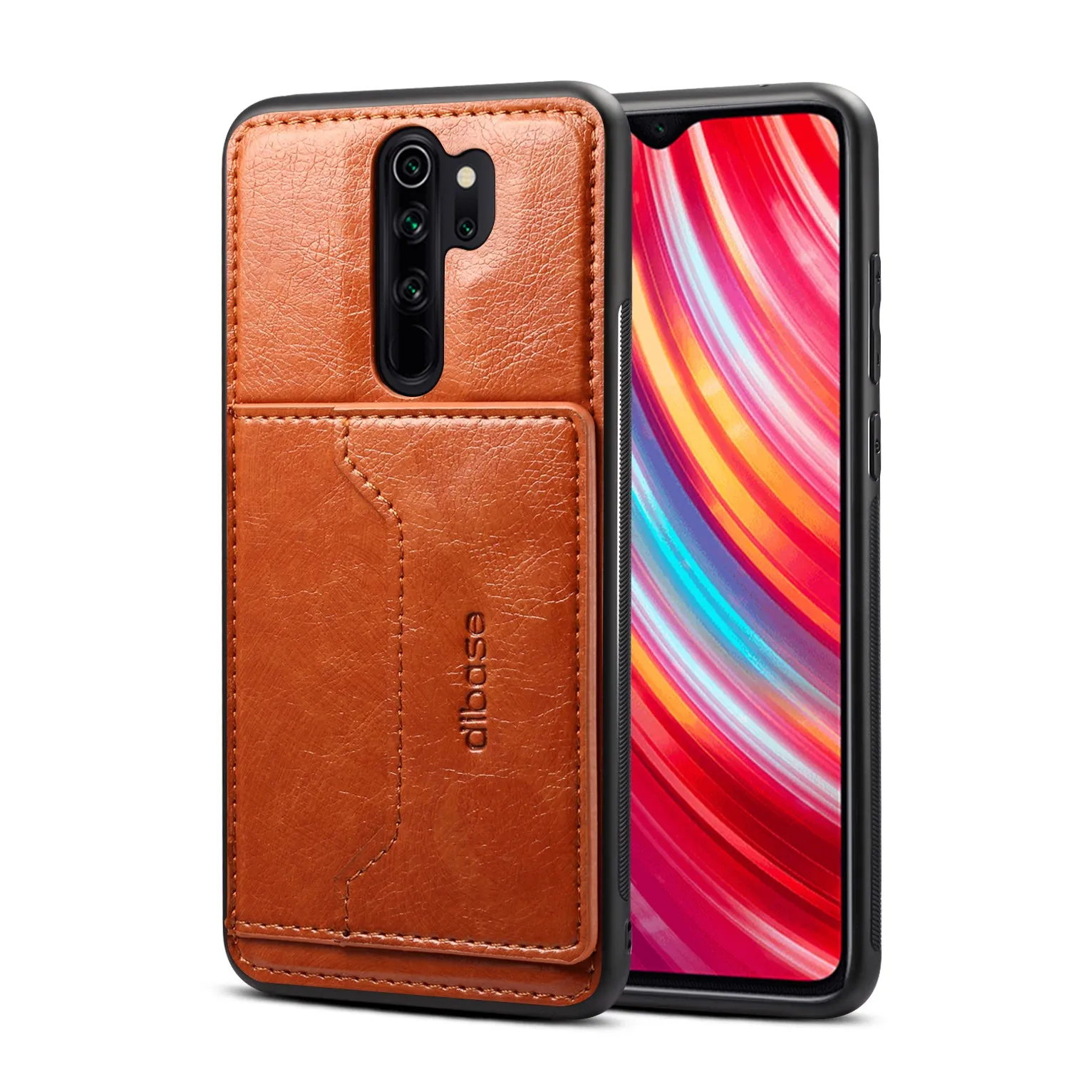 For Red Mi NOTE 8/8 Pro Cellphone Smart Shell 2-in-1 Textured PU Leather Card Holder Stand-viewing Overall Protection Case brown