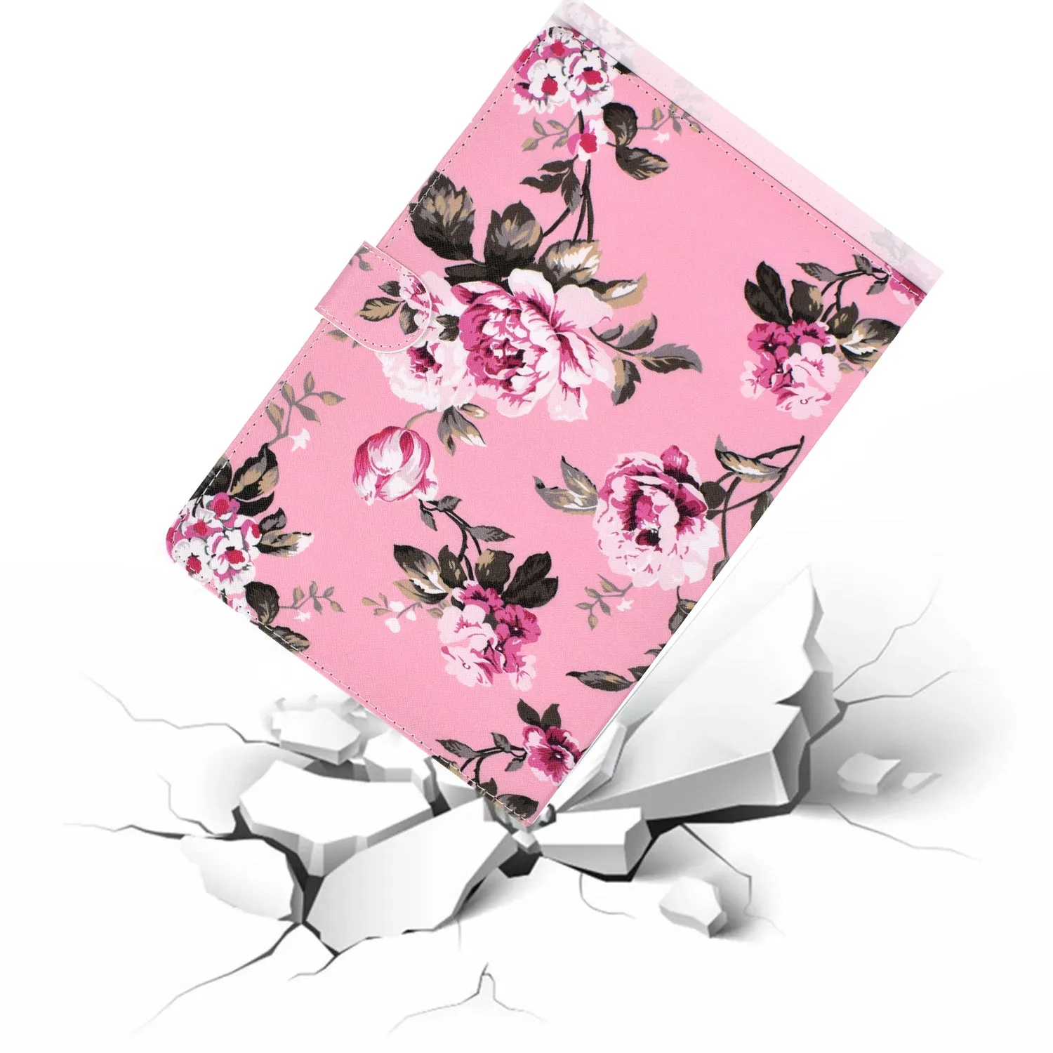 For Samsung T510/T515 Laptop Protective Case with Front Snap Cute Cartoon Color Painted Smart Stay PU Cover  Pink flower