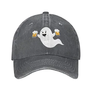 Funny Ghost with Beer Halloween Unisex Vintage Washed Distressed Denim Baseball Cap Adjustable Cotton Baseball Hat for Men Women