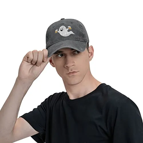 Funny Ghost with Beer Halloween Unisex Vintage Washed Distressed Denim Baseball Cap Adjustable Cotton Baseball Hat for Men Women