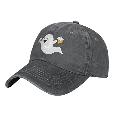 Funny Ghost with Beer Halloween Unisex Vintage Washed Distressed Denim Baseball Cap Adjustable Cotton Baseball Hat for Men Women