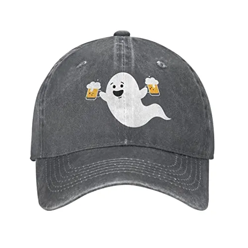 Funny Ghost with Beer Halloween Unisex Vintage Washed Distressed Denim Baseball Cap Adjustable Cotton Baseball Hat for Men Women