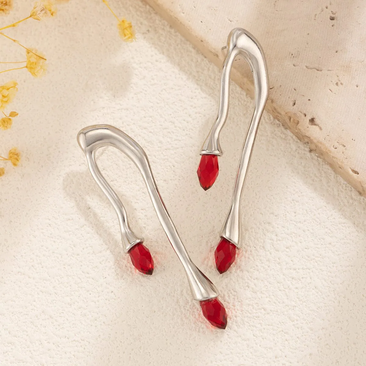 Geometric Silver Plated Red Crystal Flow Lava Earrings