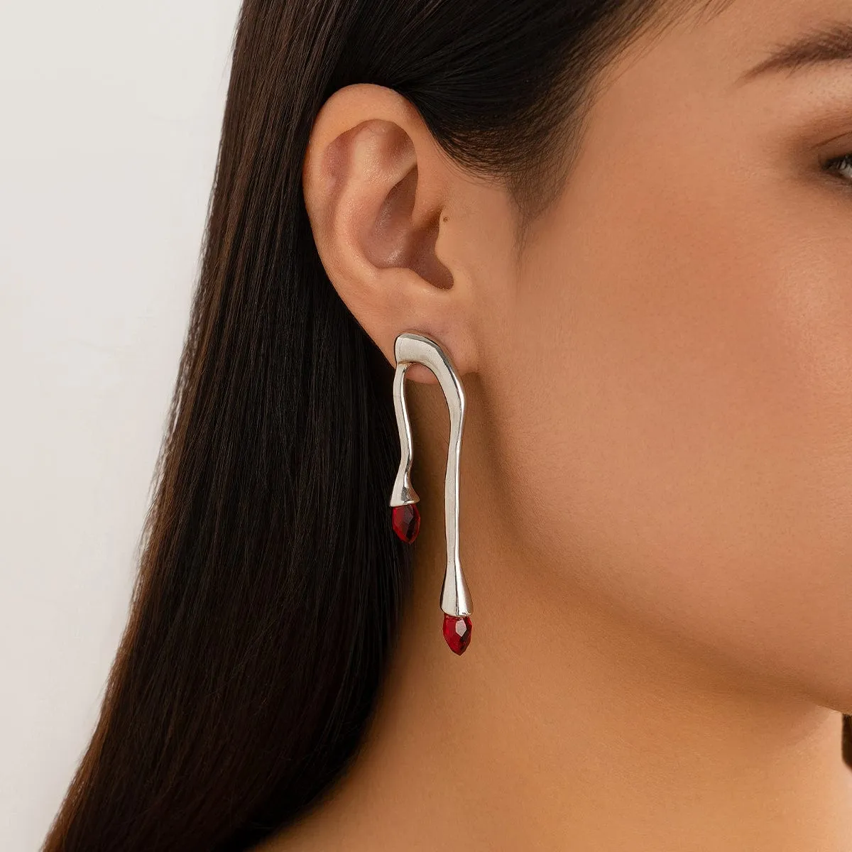 Geometric Silver Plated Red Crystal Flow Lava Earrings