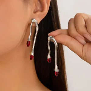 Geometric Silver Plated Red Crystal Flow Lava Earrings