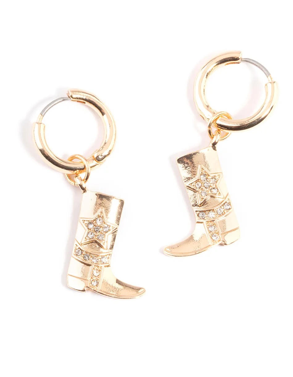 Gold Diamante Cowboy Boot Earrings