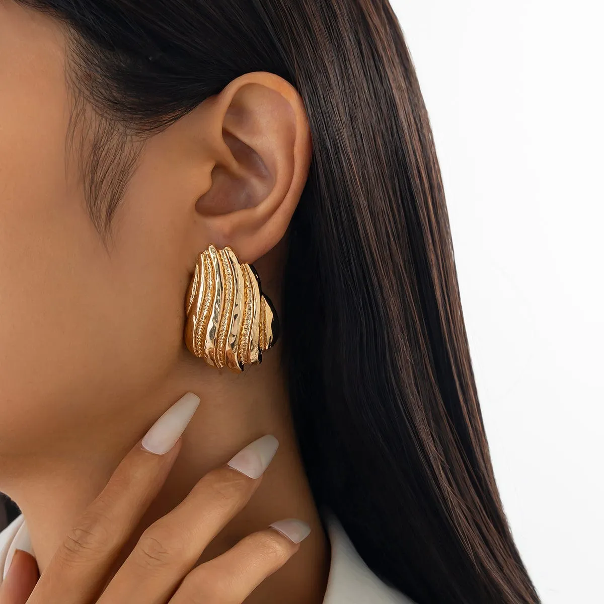 Gold Silver Tone Abstract Conch Shaped Stud Earrings