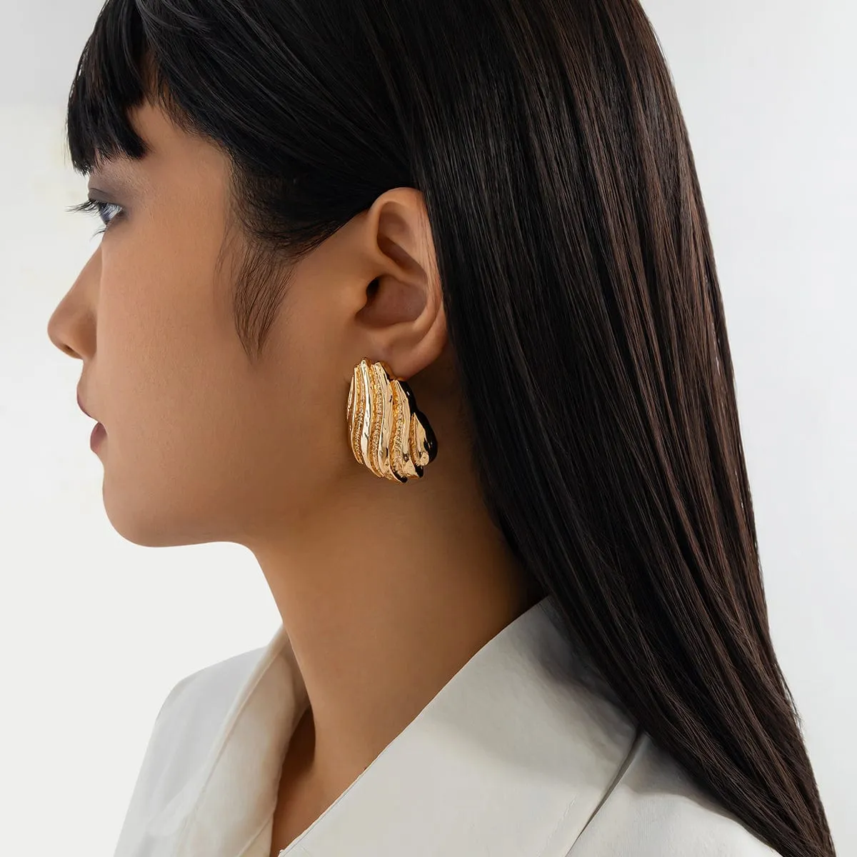 Gold Silver Tone Abstract Conch Shaped Stud Earrings