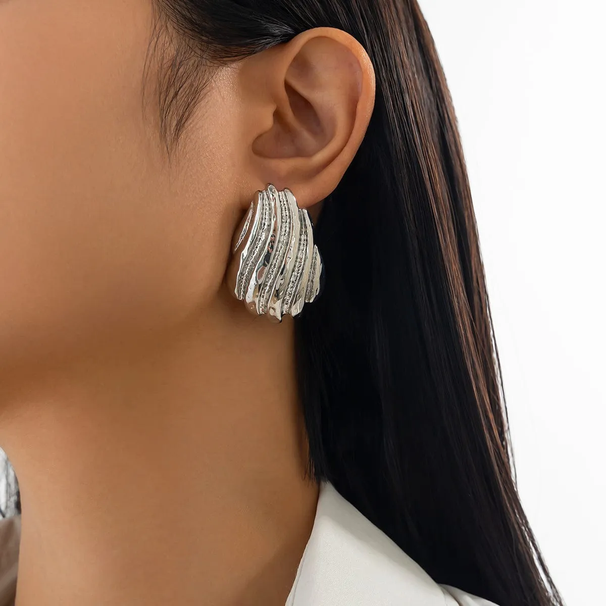 Gold Silver Tone Abstract Conch Shaped Stud Earrings
