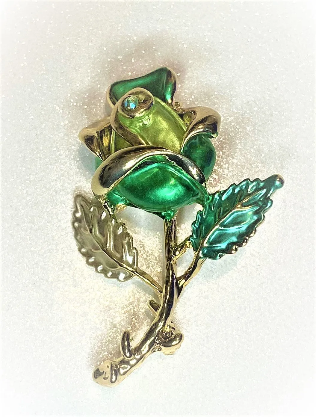 Gold- tone Green Rose Brooche