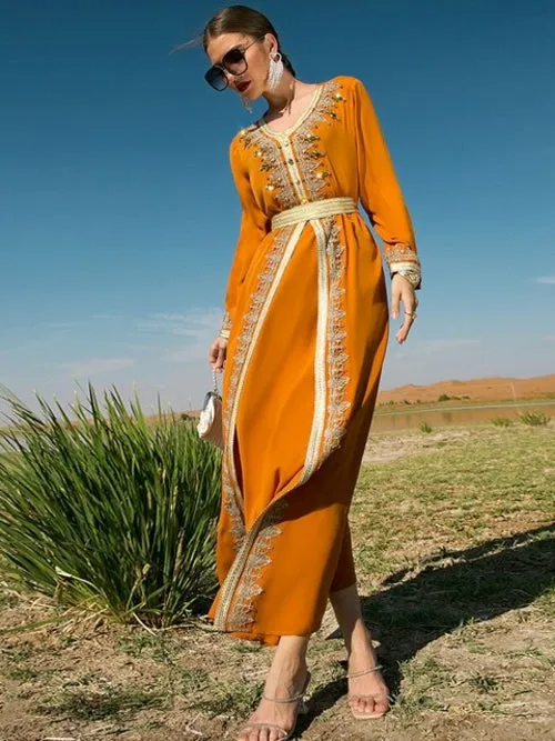 Gorgeous Abaya 2pcs Set with Handsewn Moroccan Embroidery
