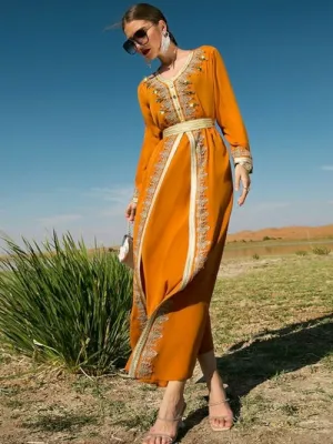 Gorgeous Abaya 2pcs Set with Handsewn Moroccan Embroidery