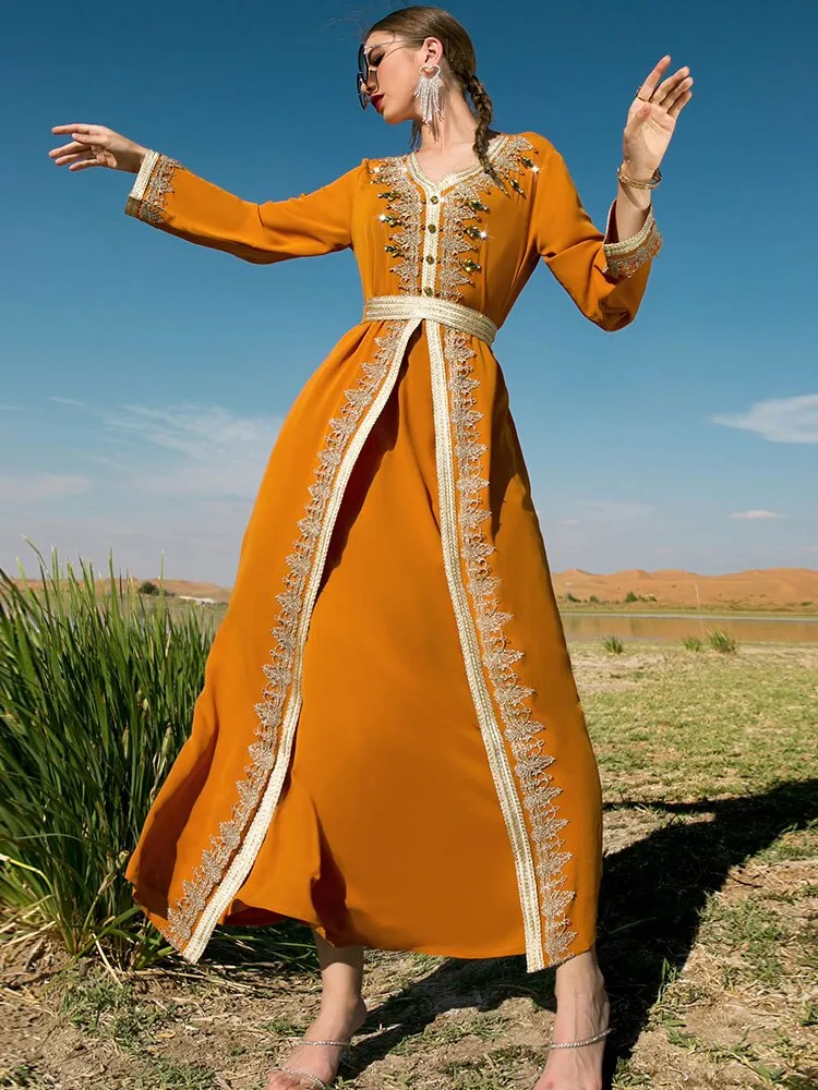Gorgeous Abaya 2pcs Set with Handsewn Moroccan Embroidery