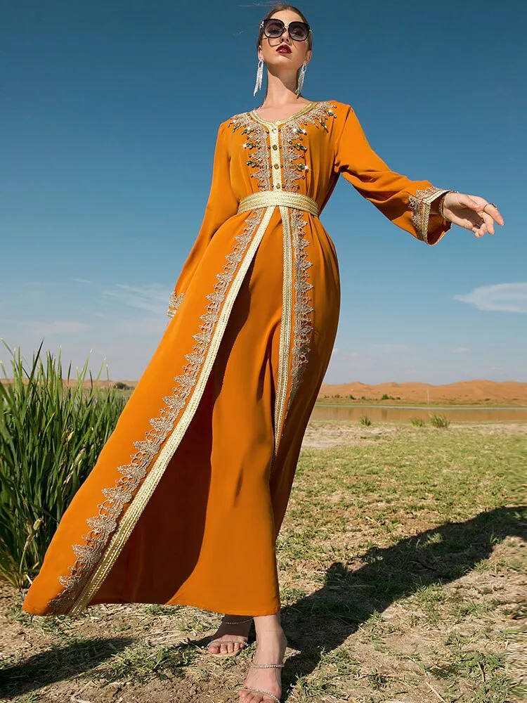 Gorgeous Abaya 2pcs Set with Handsewn Moroccan Embroidery