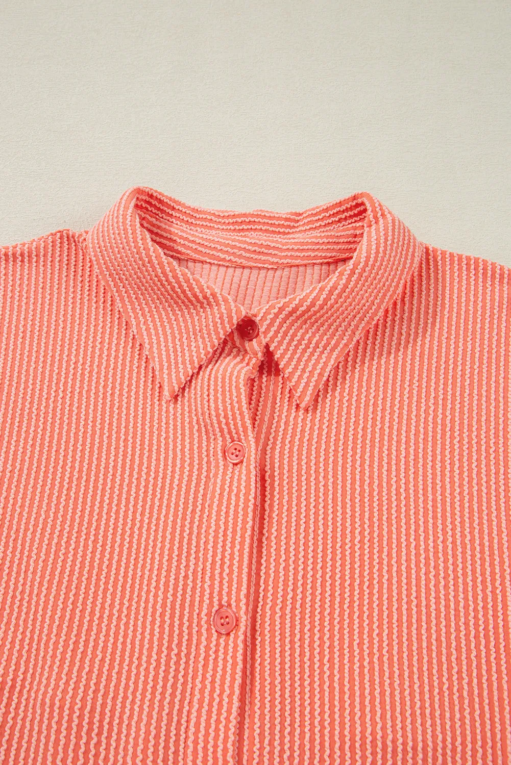 Grapefruit Orange Corded Half Sleeve Button Up High Low Hem Loose Shirt