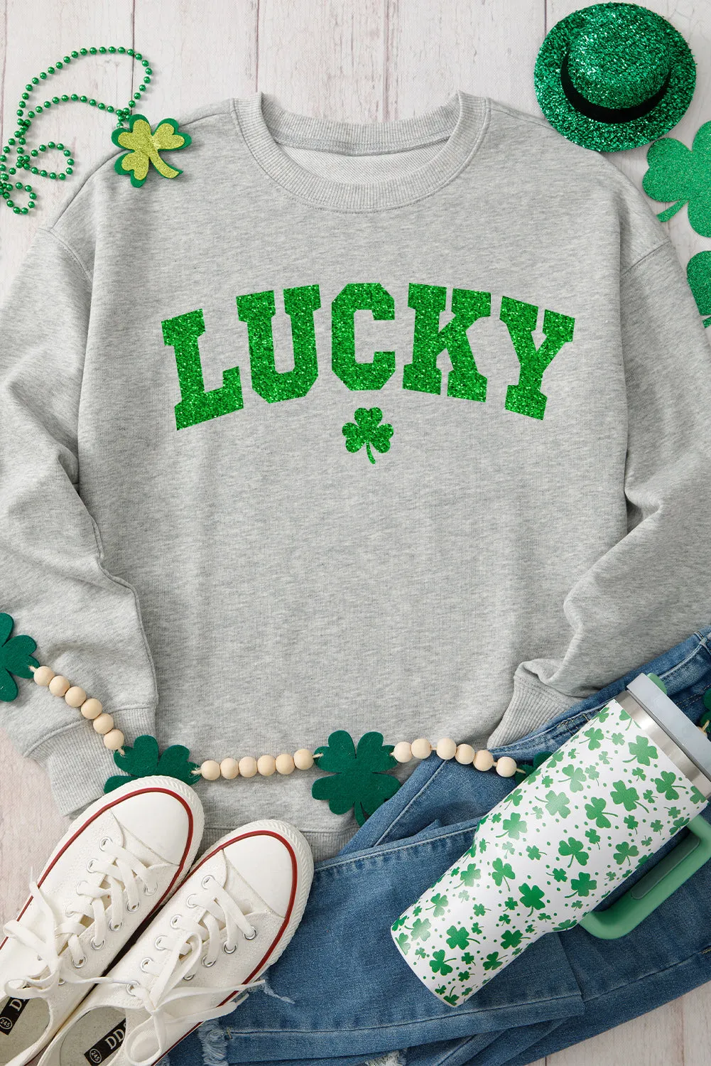 Gray Glitter LUCKY Clover Printed St Patricks Drop Shoulder Sweatshirt