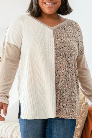 Gray Plus Size Leopard Patchwork Mix Knit Long Sleeve Top