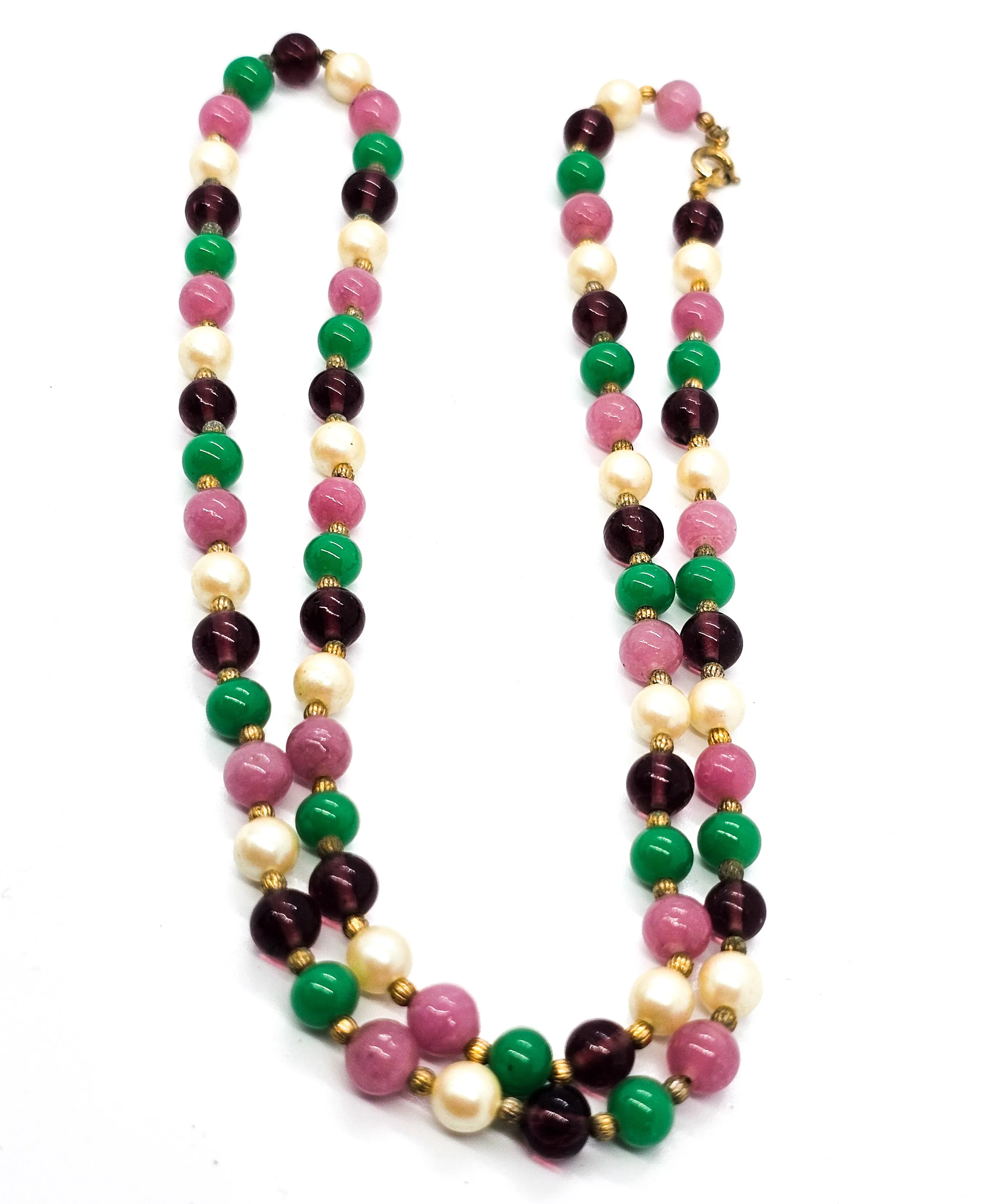 Green purple and pink plastic faux pearl beaded vintage long 24 inch necklace