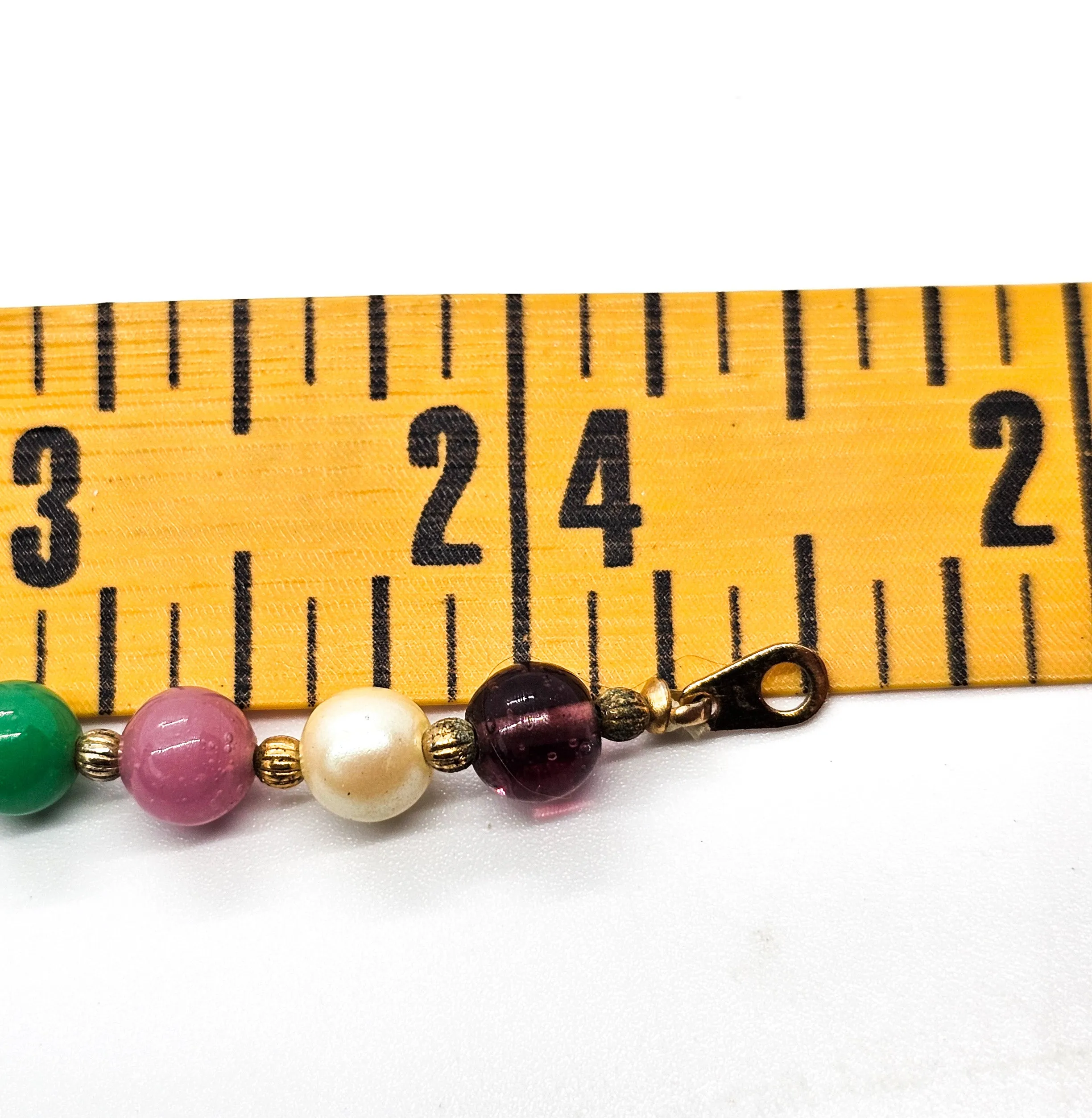 Green purple and pink plastic faux pearl beaded vintage long 24 inch necklace