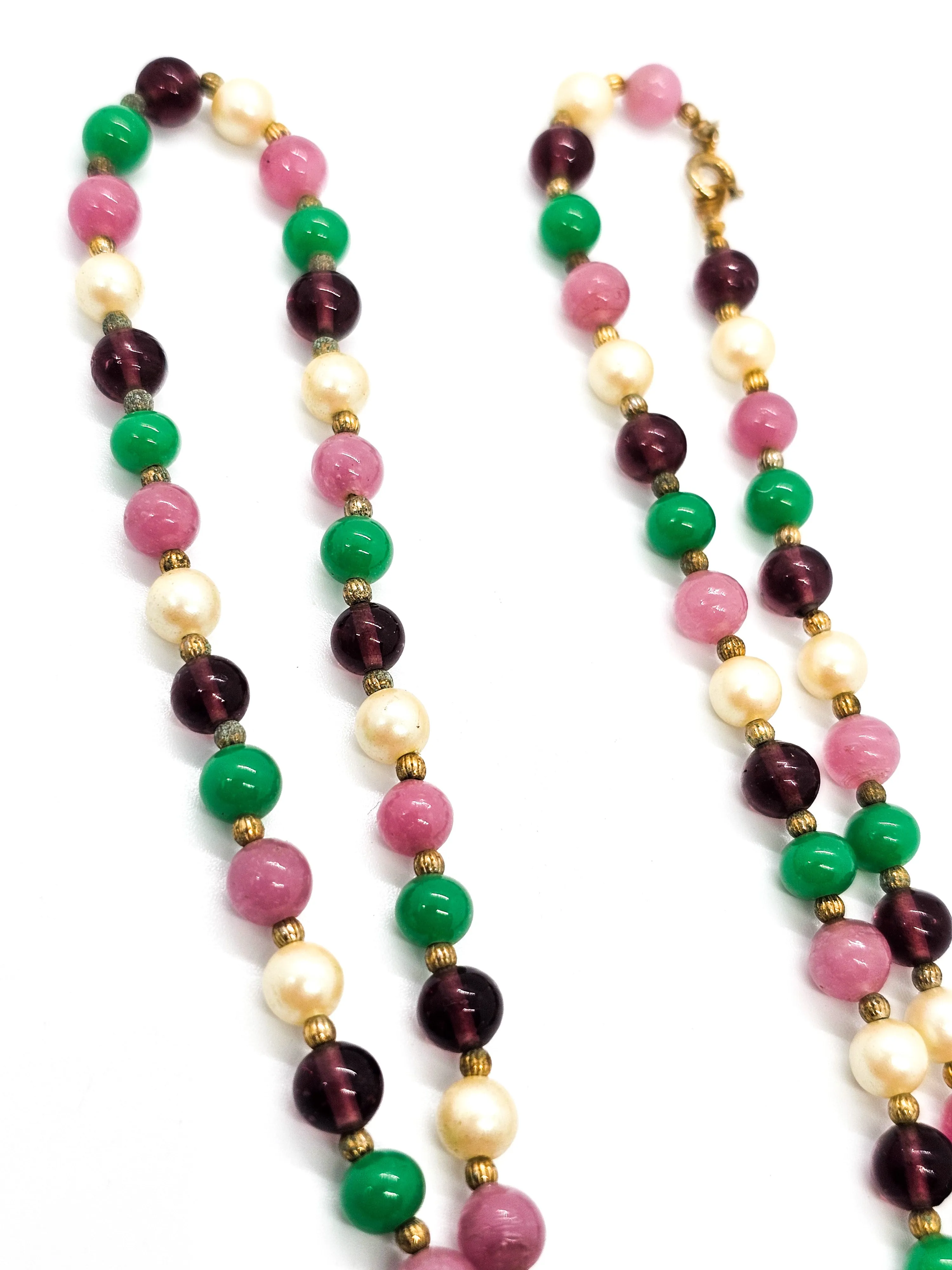 Green purple and pink plastic faux pearl beaded vintage long 24 inch necklace