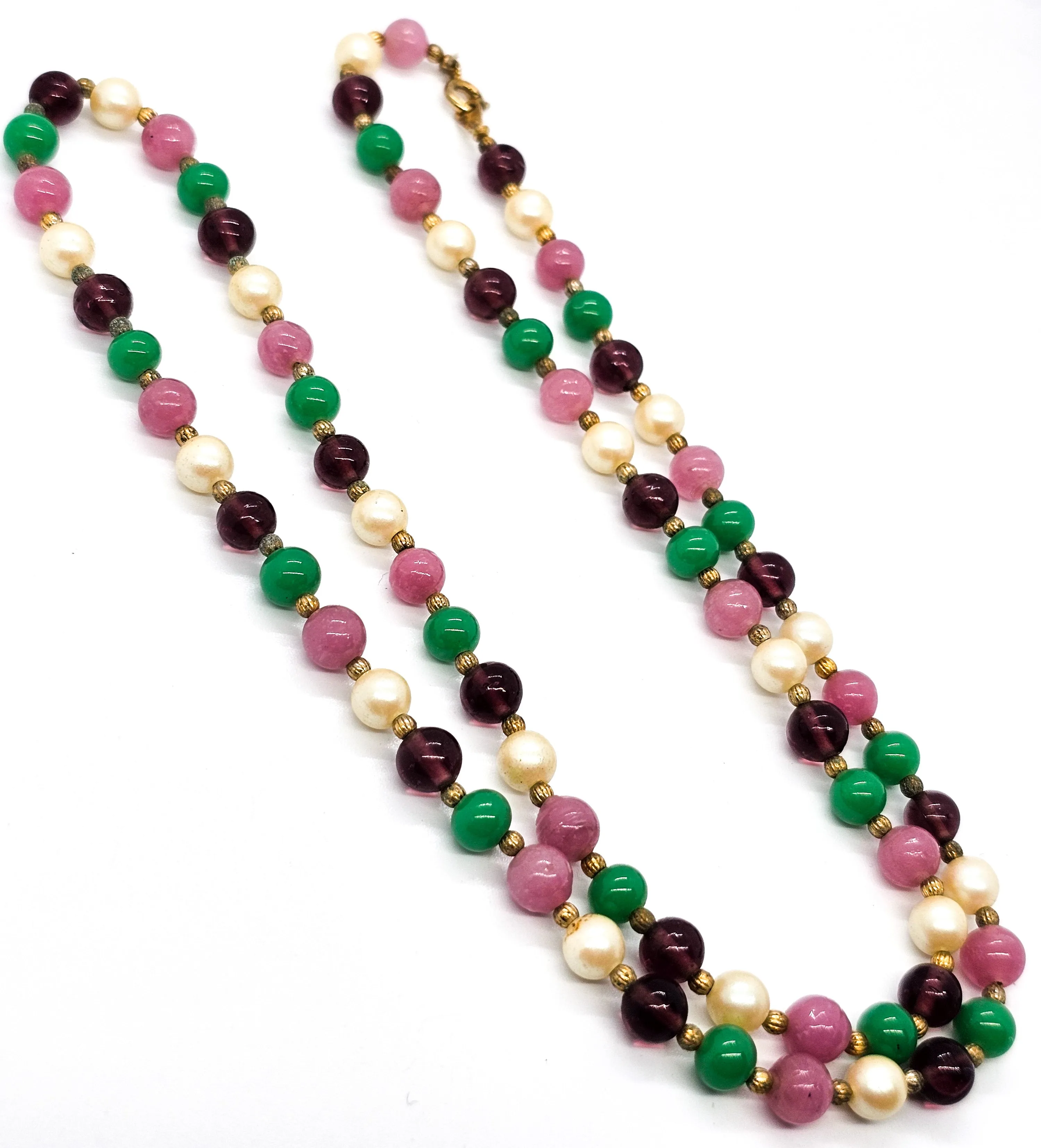 Green purple and pink plastic faux pearl beaded vintage long 24 inch necklace