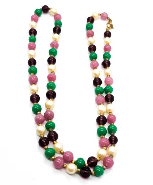 Green purple and pink plastic faux pearl beaded vintage long 24 inch necklace