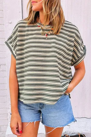 Green Stripe Textured Side Slits Crew Neck T Shirt