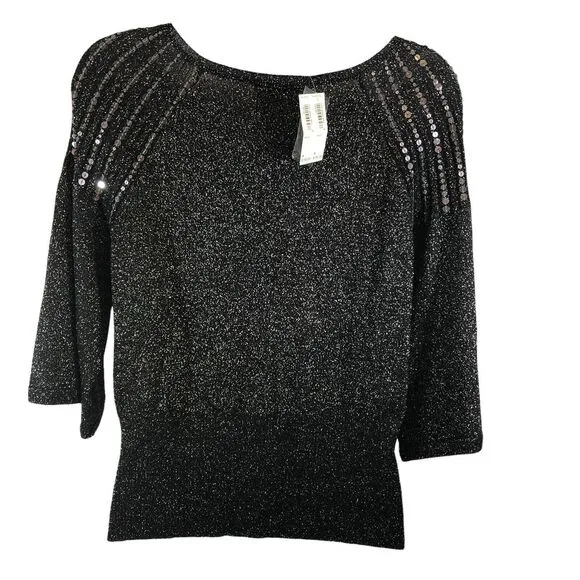 Harold's Women's SZ M Black Dressy Cardigan Silver Sequins‎ Metallic Thread NWT