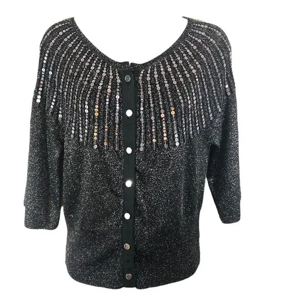 Harold's Women's SZ M Black Dressy Cardigan Silver Sequins‎ Metallic Thread NWT