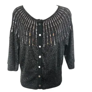 Harold's Women's SZ M Black Dressy Cardigan Silver Sequins‎ Metallic Thread NWT