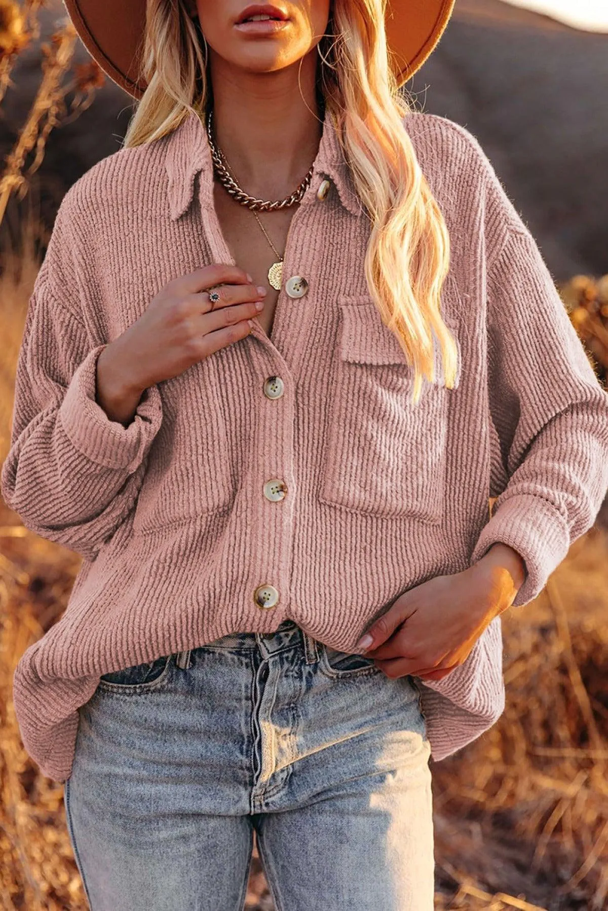 Hazel Blues® | Pocketed Button Ribbed Textured Shacket