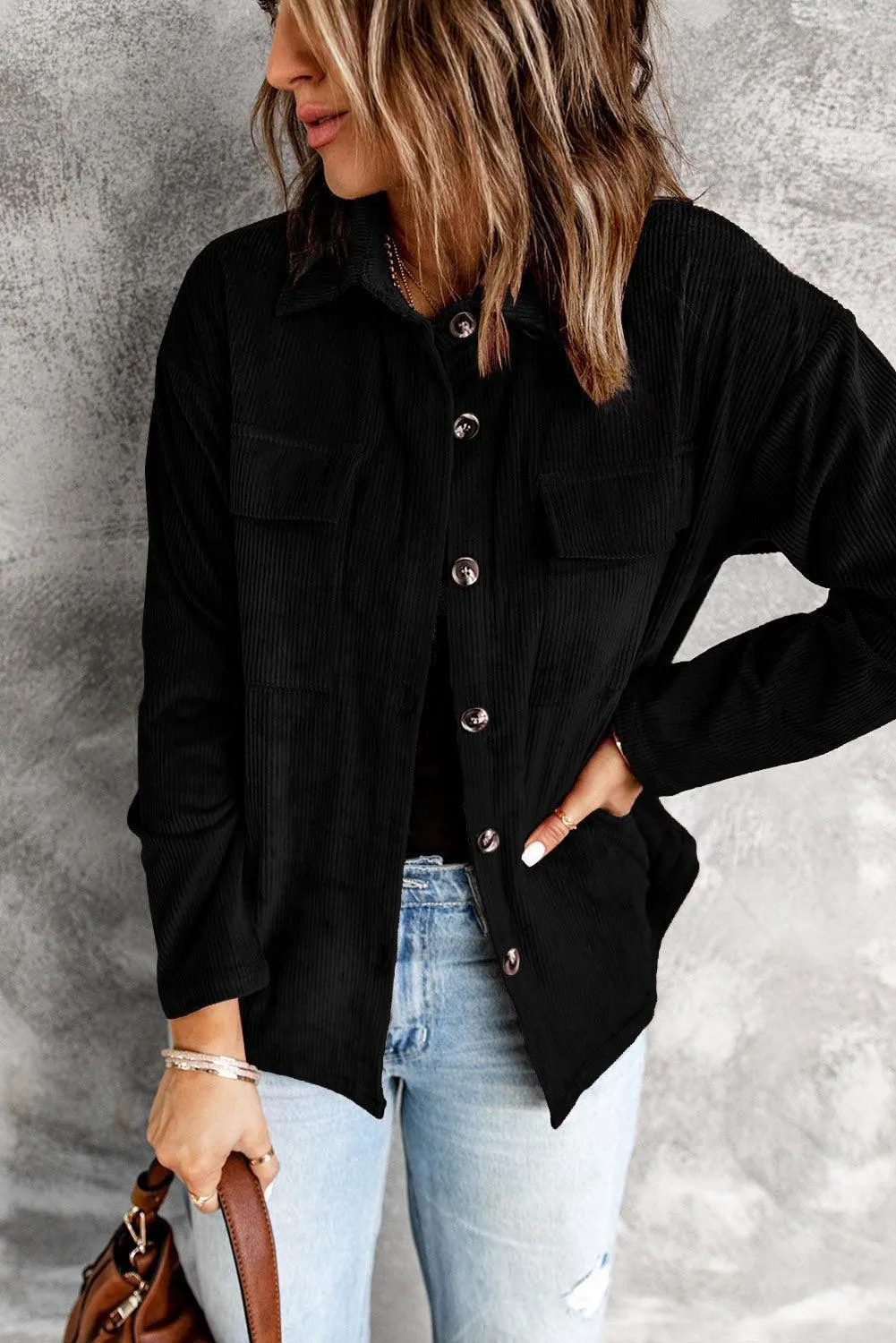 Hazel Blues® | Pocketed Button Ribbed Textured Shacket
