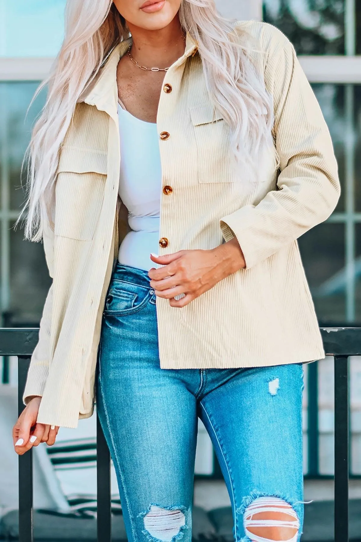 Hazel Blues® | Pocketed Button Ribbed Textured Shacket
