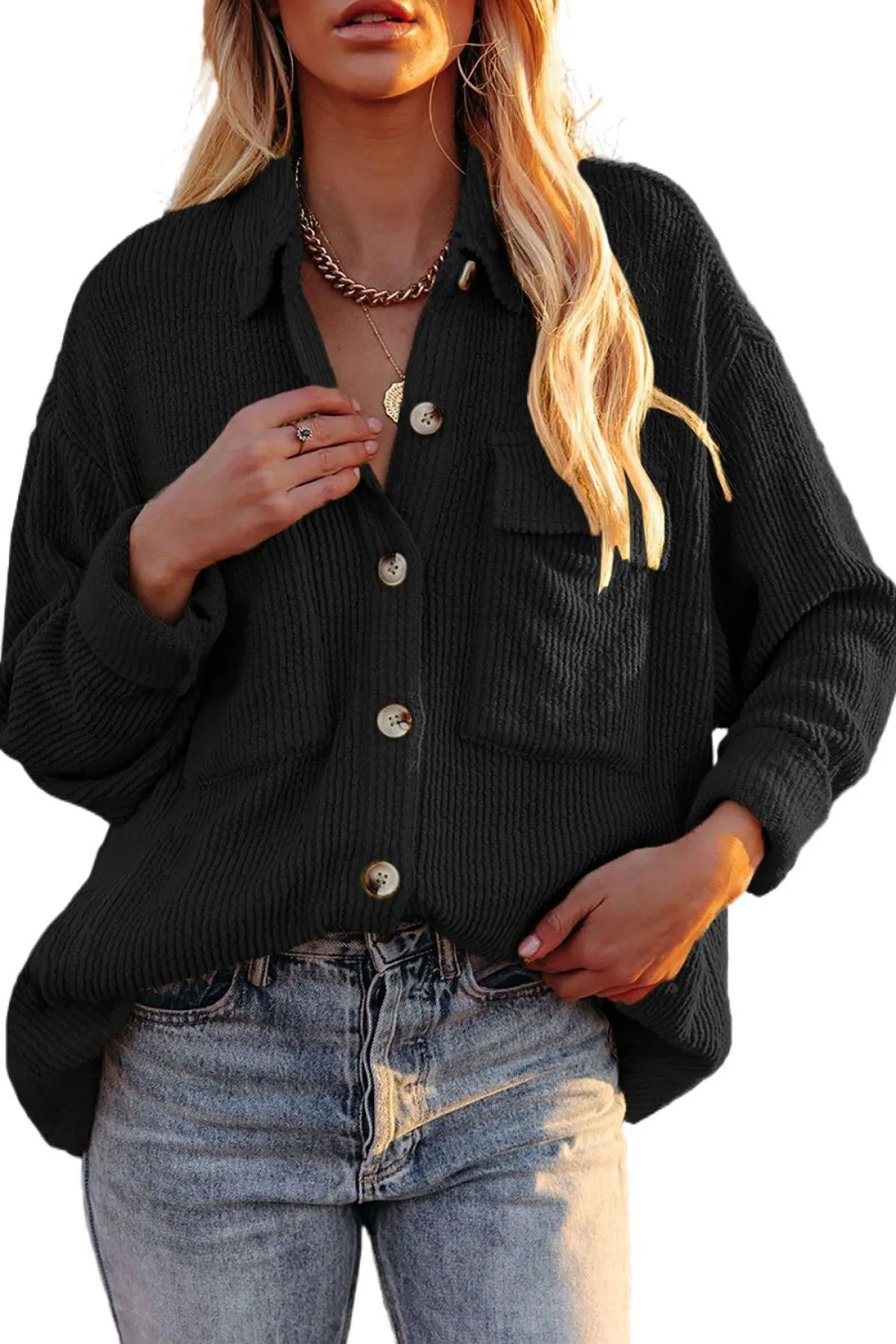 Hazel Blues® | Pocketed Button Ribbed Textured Shacket